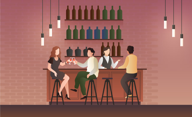 卡通酒吧前台男人女人约会饮料人们坐在酒吧的椅子上喝啤酒矢量图