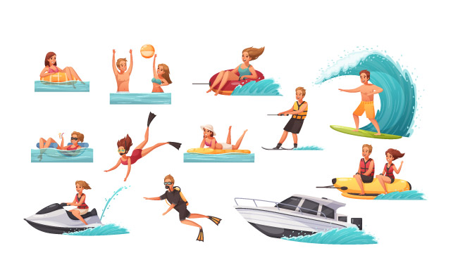 卡通人们水上运动玩水上摩托潜水冲浪矢量图