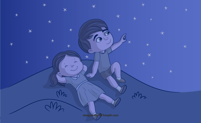 看夜空躺在山坡看星星的孩子矢量