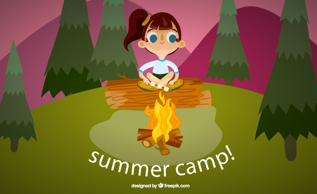 可爱户外烧烤烤肉夏季野营中的女孩矢量素材