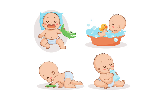 可爱婴儿玩耍洗澡动作矢量素材