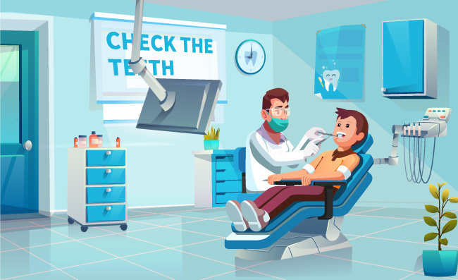 口腔医院牙医为病人检查牙齿矢量插画