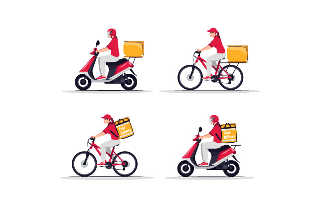 快餐食品配送运输矢量插图集摩托车派送快餐食物包裹的工作者骑自行车穿着红色制服的快递员