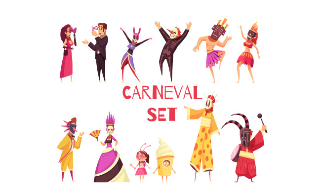 狂欢节穿着五颜六色服装的动画片男性和女性人物嘉年华派对套装