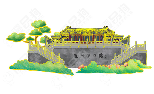 通州博物馆中国古建筑手绘国风插画背景