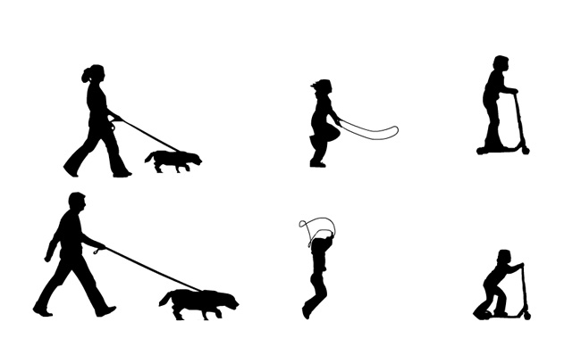 剪影遛狗跳绳玩滑板车一家人的人物动作模板
