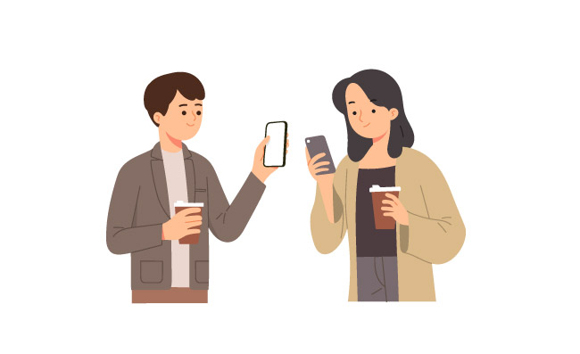 女人男人拿着咖啡交换电话号码社交媒体矢量