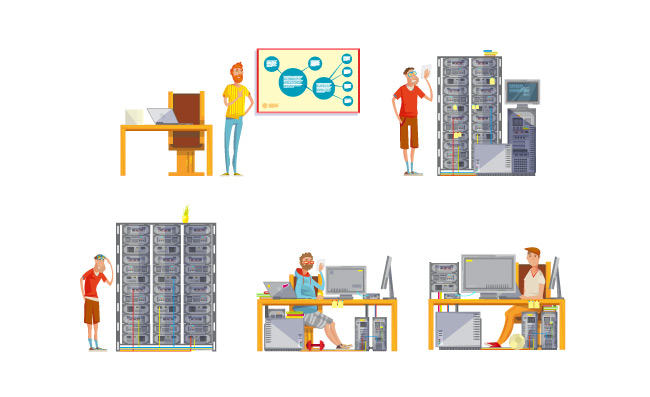 软件开发办公室装饰建筑家具软工程师扁平人物矢量图服务器机房设备