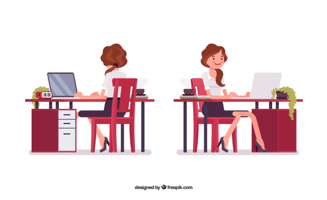 商业女性工作者办公桌电脑矢量