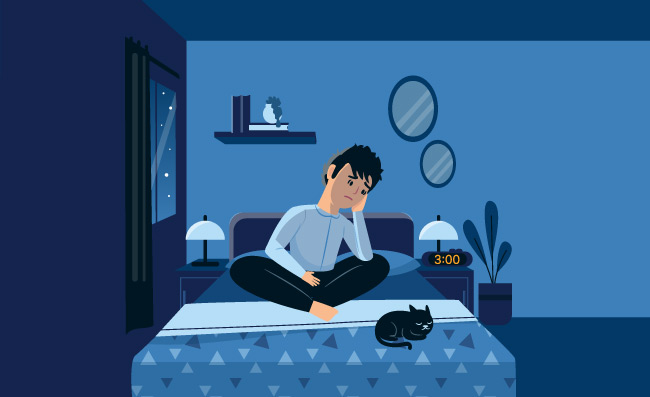失眠的男人和猫坐在床上矢量