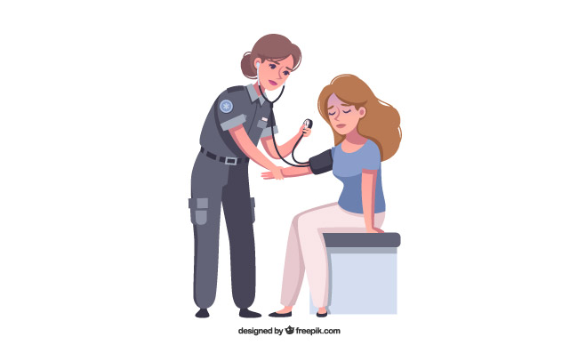 矢量急救护理人员测量血压头晕的女人卡通