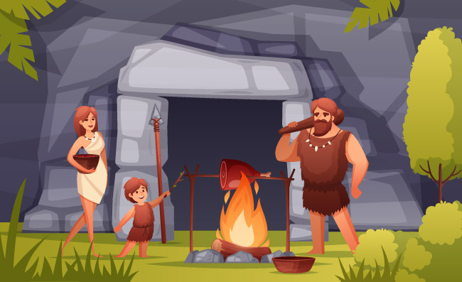 矢量原始人学会了使用火石器时代的史前家庭在洞穴入口生火烤肉矢量图
