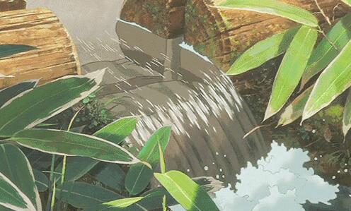 日本动画电影里面小溪流竹子流水效果动图