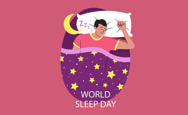 熟睡中的男子手绘世界睡眠日插图与男人休息矢量