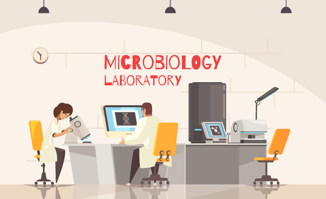 微生物学实验室室内做实验的科学家工作的人物矢量