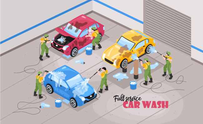 洗车服务工人清洗汽车矢量图