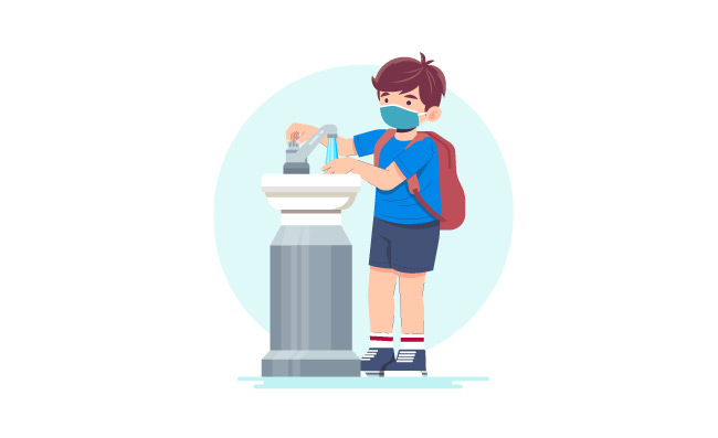 洗手池洗手手部清洁的小学生男孩卡通人物矢量插图
