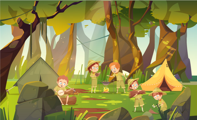 夏令营儿童可爱夏季丛林大冒险插画