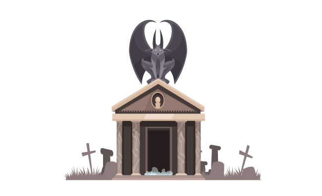邪恶的张开翅膀的怪物坐在坟墓附近的公墓地穴屋顶卡通墓地黑暗的矢量图