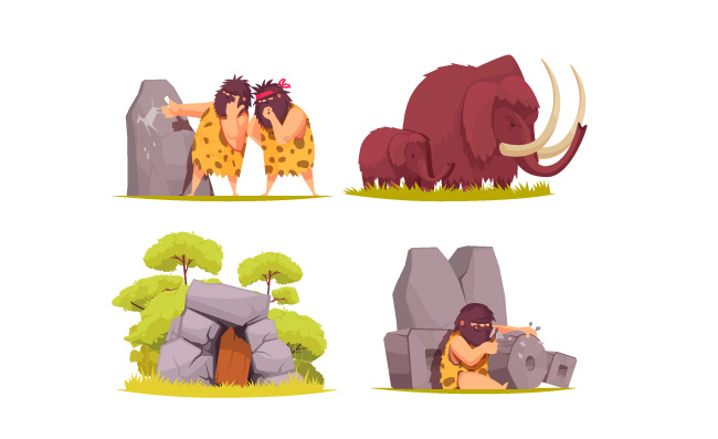 穴居人原始人动物猛犸象卡通古代野人矢量