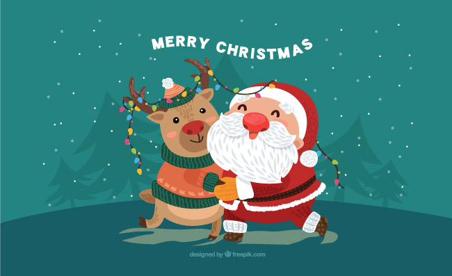 驯鹿和圣诞老人可爱圣诞节矢量图