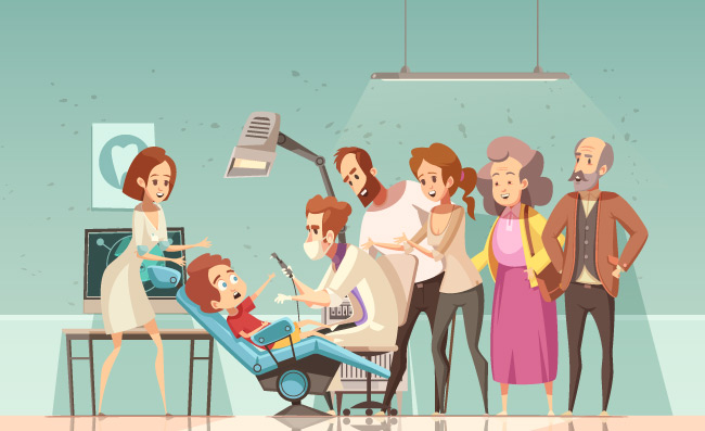 牙科医室医生护士婴孩的牙齿治疗办公室躺在扶手椅子上的孩子和陪同的父母祖父母卡通插图
