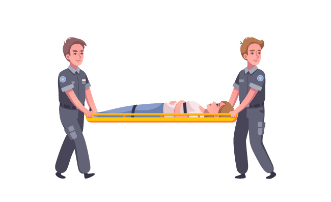 医护人员急救卡通插图两名医生和担架上的女人矢量