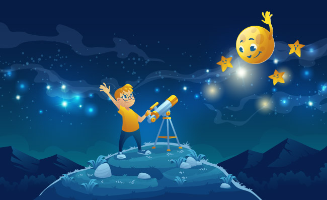 用看望远镜探索星空的好奇的小男孩月亮和星星挥手致意黑暗的夜空中银河系矢量星星