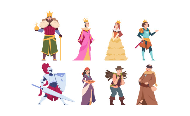 中世纪历史人物国王皇后王子和公主皇家矢量卡通文艺复兴时期服装童话故事里的骑士农民人物矢量