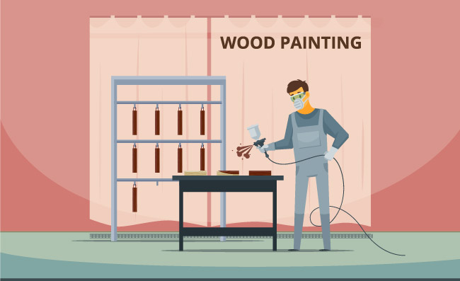 专业木工木匠画家在木质家具零件上喷涂丙烯酸涂料矢量图