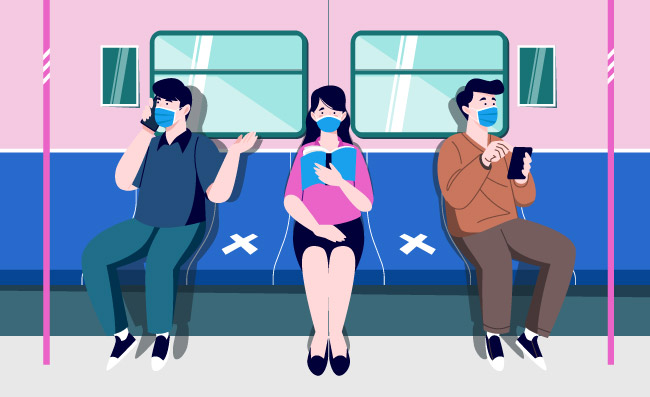 坐地铁请保持安全距离佩戴好口罩的人物矢量