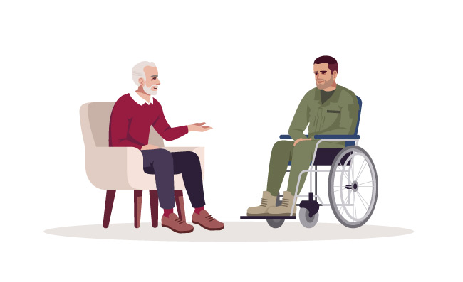 坐轮椅双腿残疾的军人受伤的战士私人心理治疗会议矢量创伤后应激障碍心理咨询预约治疗师卡通人物