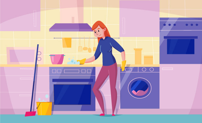 做清洁打扫厨房的女人用海绵清洗炉灶洗碗机烤箱矢量图