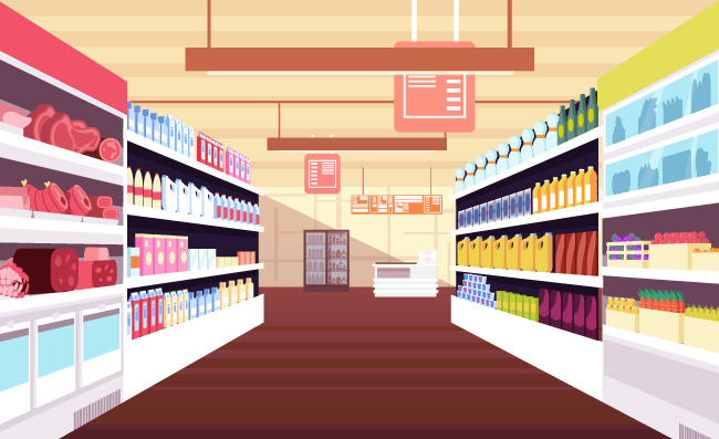便利店杂货超市内部陈列产品货架超级市场和商店