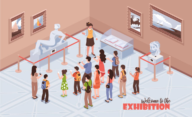 博物馆游览餐馆人群历史博物馆室内景观与人矢量图