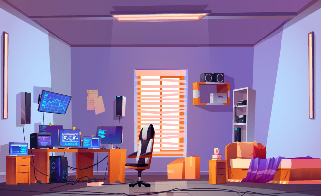 程序员卧室工作区电脑显示器桌子游戏玩家黑客矢量卡通室内房间
