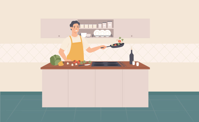 厨房里做菜的男士居家家庭背景矢量插图插画