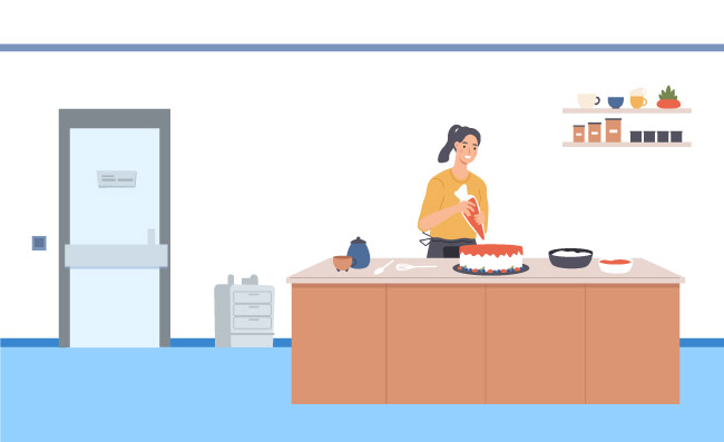 蛋糕制作者厨房场景矢量插图