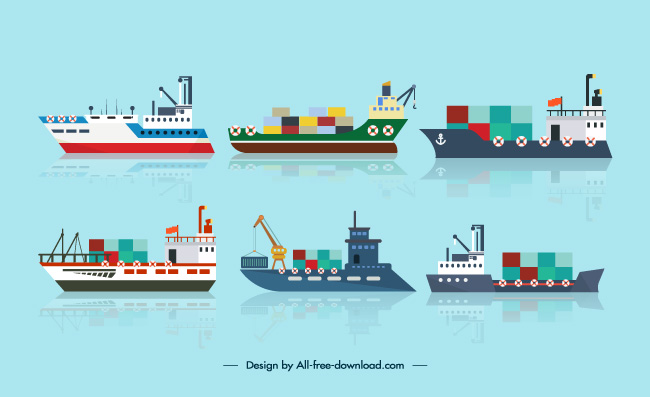 扁平化不同造型的轮船货船海上运输游艇游轮矢量船舶素材