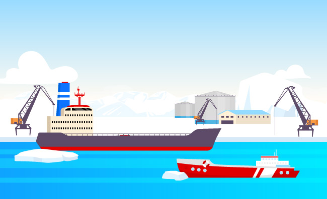冰川海洋大船运输石油勘探彩色矢量插图