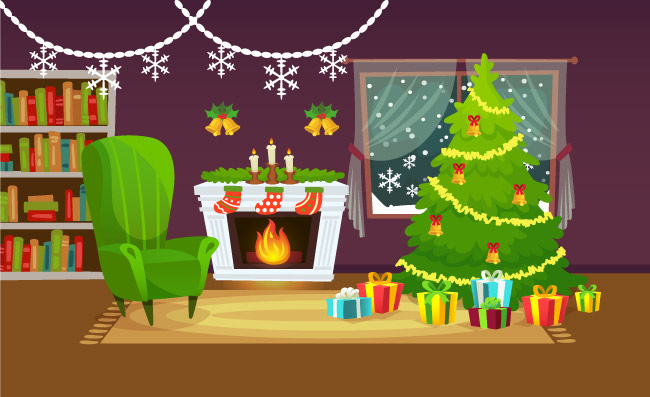 冬天烤火壁炉圣诞树礼物室内场景图