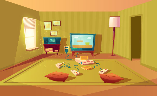 儿童玩耍房间凌乱的地面抱枕没关闭的电视矢量房间场景
