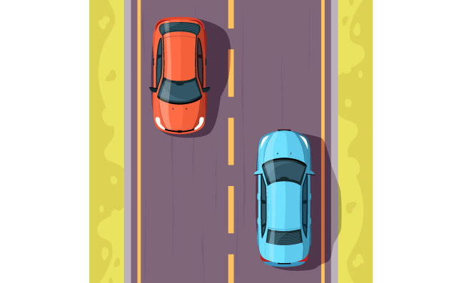 道路行驶的汽车航拍顶视图驱动运输乡下路上的车辆交通沥青高速公路矢量插图