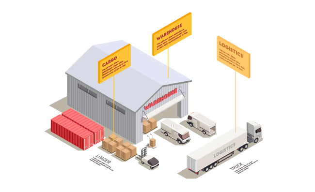 等距送货卡车仓库入口物流快递矢量图