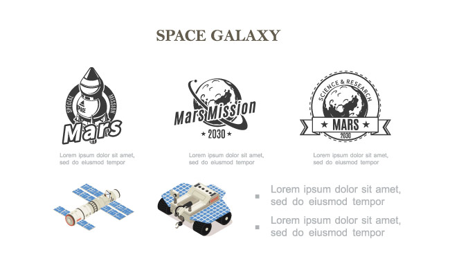 等距太空探索组合与穿梭卫星火星殖民化基地月球车宇航员在外太空星系标签中与外星人宇航员会面免费矢量
