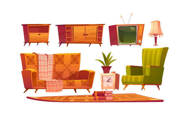 复古客厅家具沙发木制柜电视架卡通矢量图