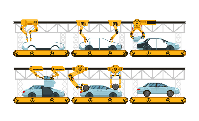工厂汽车装配输送机机械臂工业自动化过程矢量图