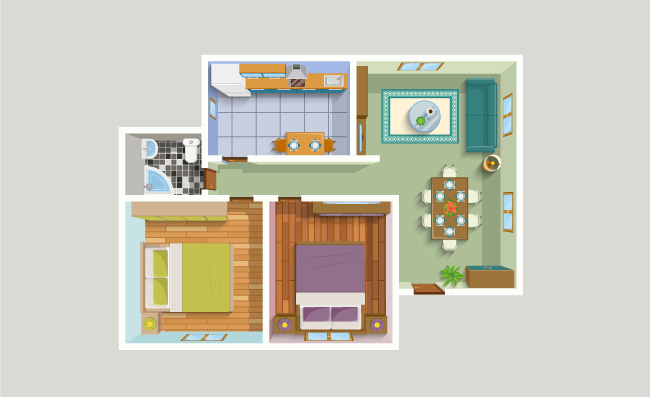 公寓内部详细顶视图休息室厨房浴室两间卧室家具矢量图