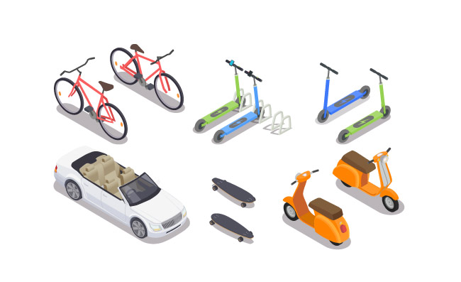 个人运输等距图标矢量图上的小型摩托车自行车滑板