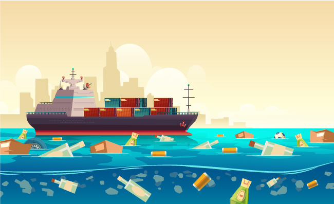 海洋塑料垃圾污染的海面漂浮的瓶子纸箱与船舶图矢量